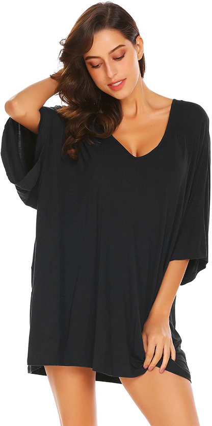 Ekouaer Women'S Sleepshirt Deep V Neck Nightgown Batwing Nightshirt Oversized Sleepwear Loungewear plus Size Apparel & Accessories > Clothing > Sleepwear & Loungewear > Nightgowns Kylie Max   
