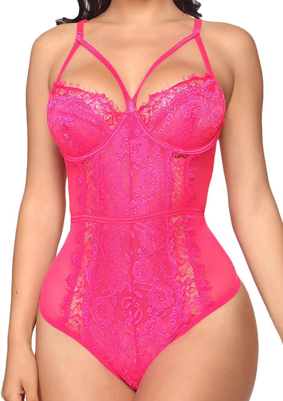 See Through Lingerie,V-Neck Lace Babydoll,Sexy Lingerie Women,One Piece Bodysuit Apparel & Accessories > Clothing > Underwear & Socks > Lingerie Kaei&Shi Pink Red XX-Large 