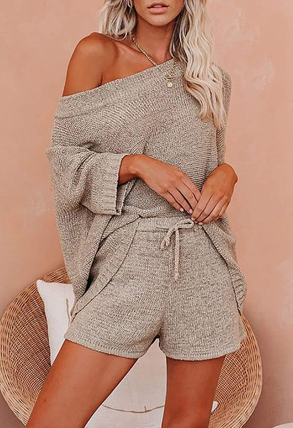Ermonn Womens 2 Piece Outfits Sweater Sets off Shoulder Knit Tops Waist Short Suits Casual Pajama Set Apparel & Accessories > Clothing > Sleepwear & Loungewear Kylie Max   
