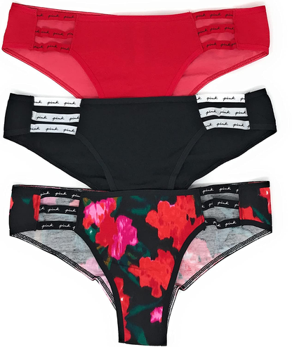 Victoria'S Secret Pink Cheekster Panty Set of 3  Victoria's Secret Strappy Red / Black / Red Floral Small 