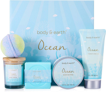 Spa Gifts for Women, Bath and Body Set with Ocean Scented Spa Gifts Box for Her,Includes Scented Candle, Body Butter, Hand Cream, Bath Bar and Bomb,5 Pcs Bath Set, Christmas Gifts Set for Women Arts & Entertainment > Party & Celebration > Gift Giving BODY & EARTH   