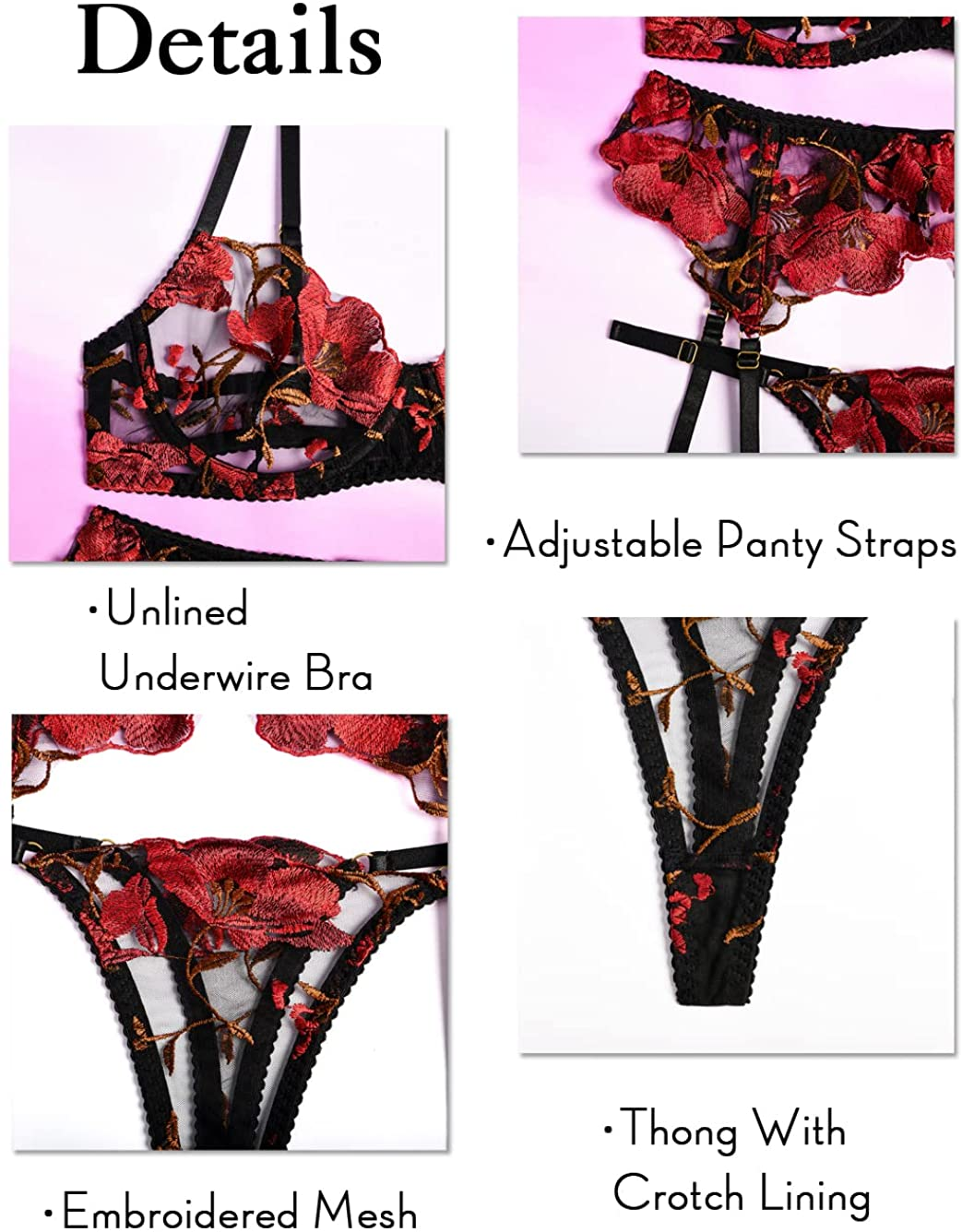 Kaei&Shi Floral Embroidered,Underwire Bra,Thong,3 Piece,Garter Lingerie for Women Apparel & Accessories > Clothing > Underwear & Socks > Lingerie Kaei&Shi   