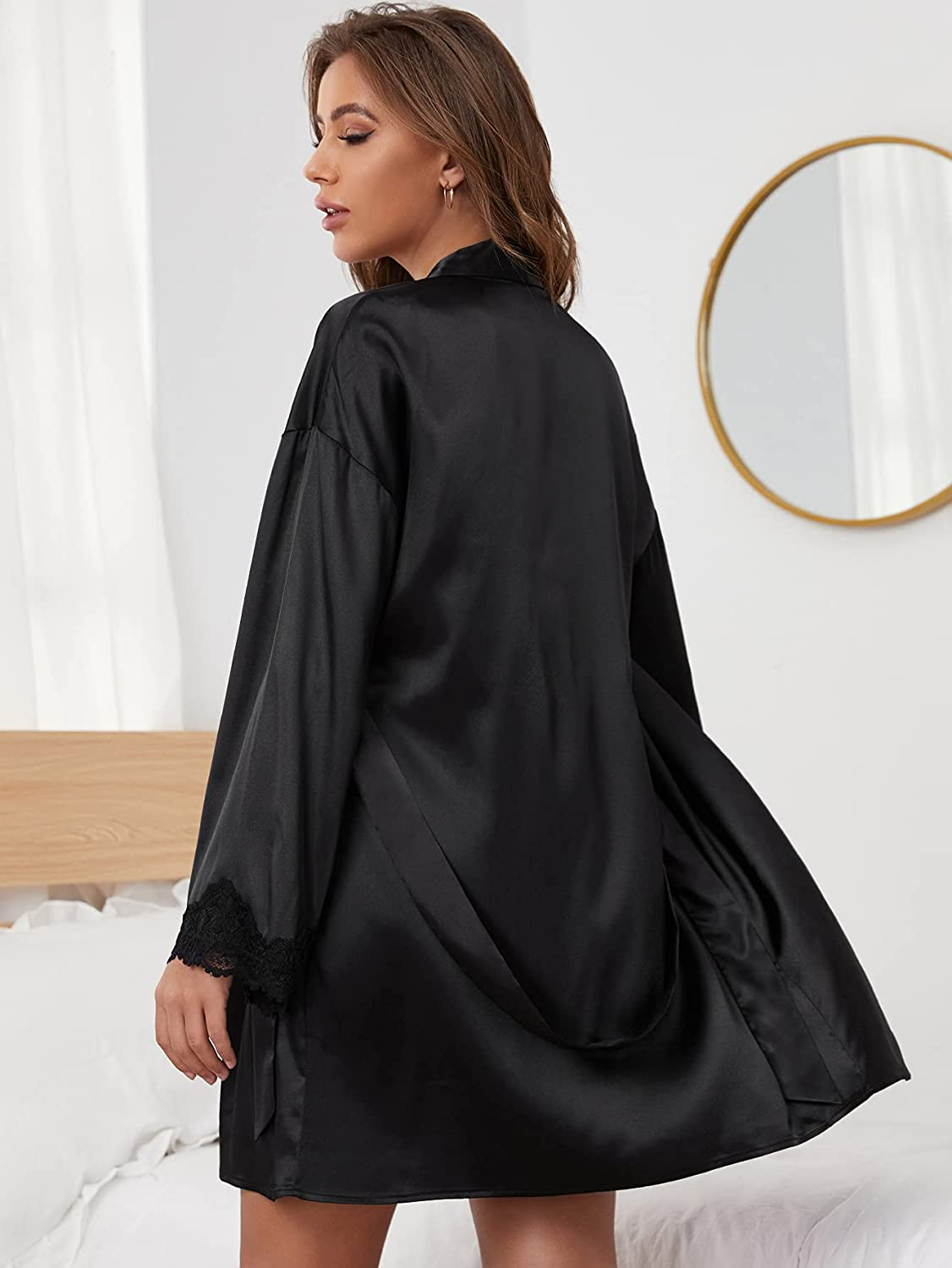Romwe Women'S Pure Color Satin Kimono Long Sleeve Bridesmaid Short Robe Sleepwear Apparel & Accessories > Clothing > Sleepwear & Loungewear > Robes ROMWE   