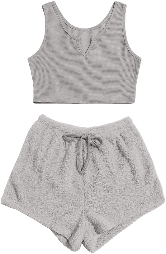 Verdusa Women'S 2 Piece PJ Set Notched Tank Top & Teddy Shorts Fuzzy Lounge Pajama Set Apparel & Accessories > Clothing > Sleepwear & Loungewear Kylie Max   