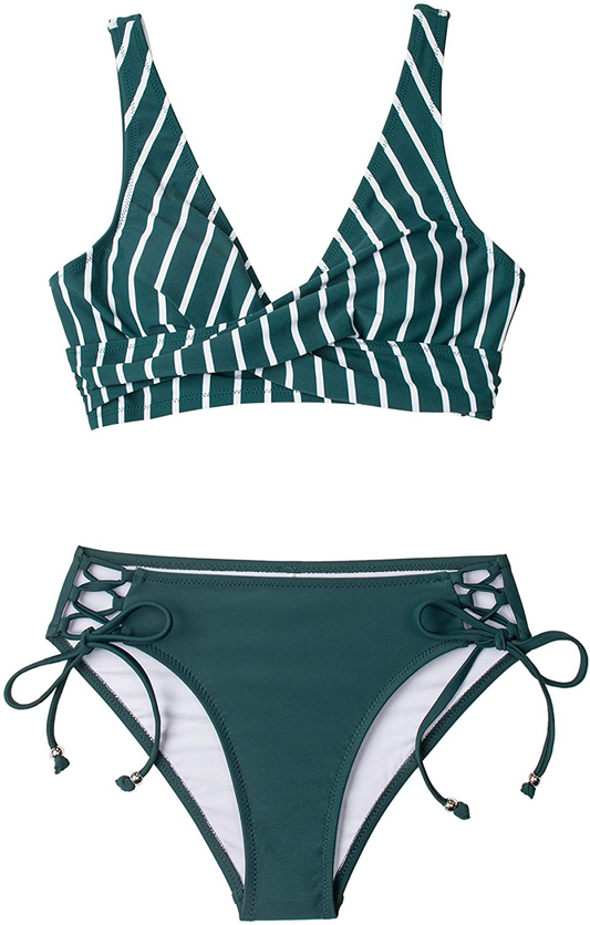 CUPSHE Women's Bikini Swimsuit Front Cross Lace Up Two Piece Bathing Suit Apparel & Accessories > Clothing > Swimwear CUPSHE Green Stripe X-Small 