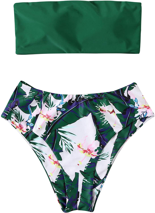 OMKAGI Women's 2 Pieces Bandeau Bikini Swimsuits Off Shoulder High Waist Bathing Suit High Cut Apparel & Accessories > Clothing > Swimwear OMKAGI Green-3388 Small 