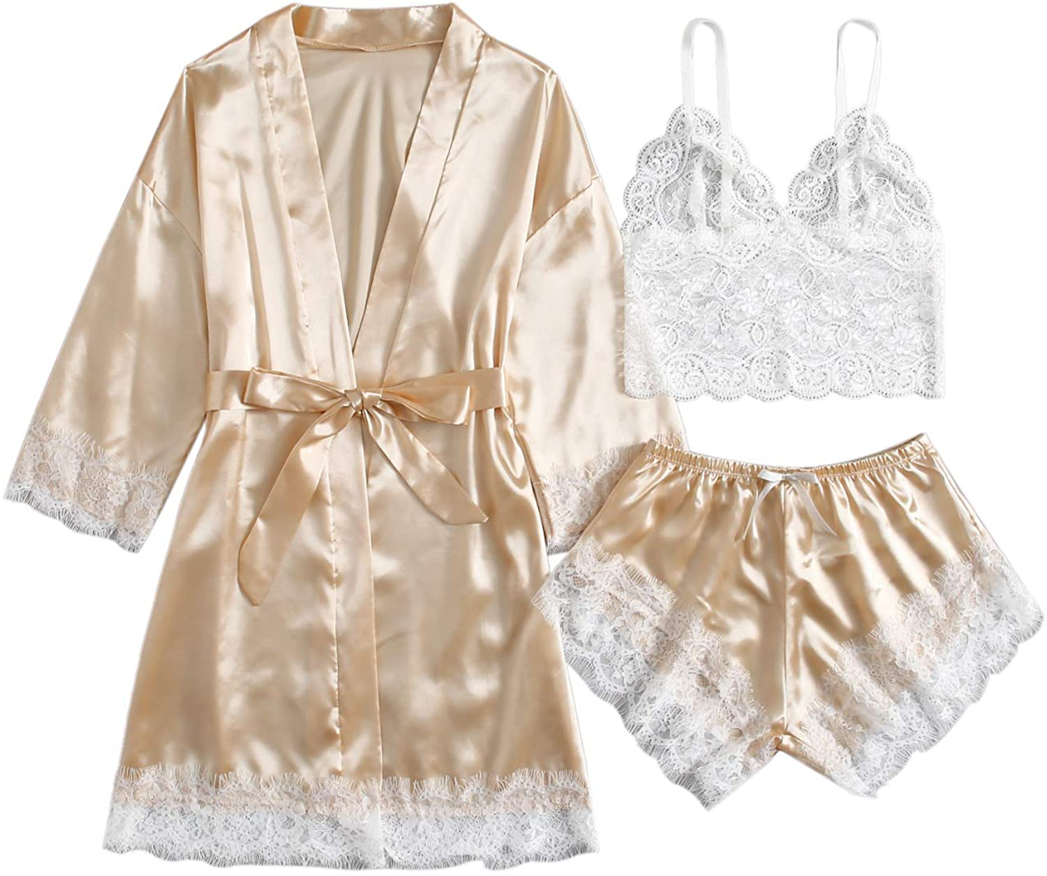 WDIRARA Women'S 3 Pcs Sleepwear Satin Floral Lace Cami Top Lingerie Pajama Set with Robe Apparel & Accessories > Clothing > Sleepwear & Loungewear Kylie Max   