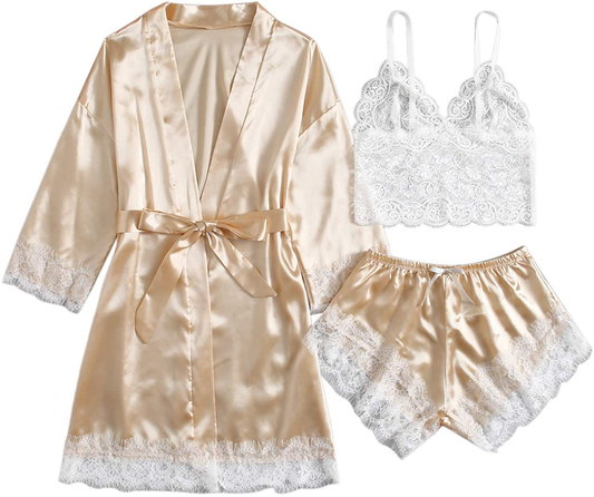 WDIRARA Women'S 3 Pcs Sleepwear Satin Floral Lace Cami Top Lingerie Pajama Set with Robe Apparel & Accessories > Clothing > Sleepwear & Loungewear Kylie Max   