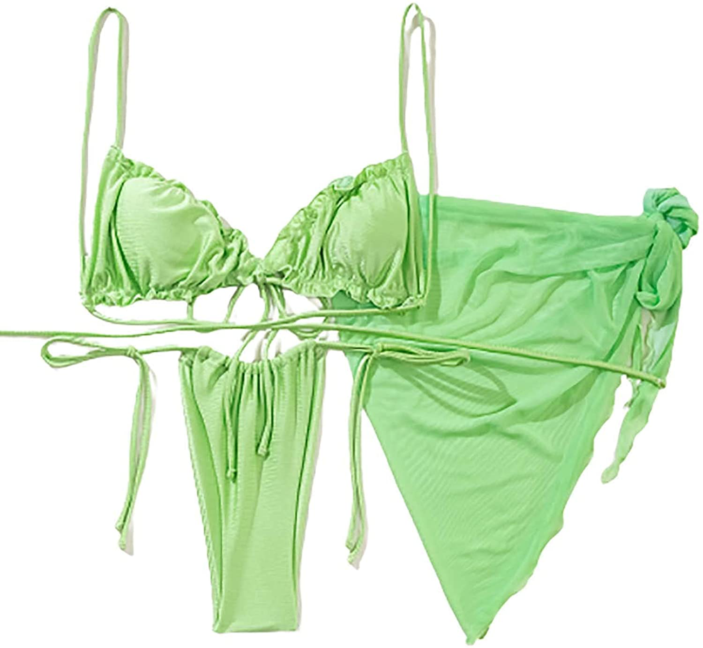 SOLY HUX Women's Wrap Triangle Bikini Bathing Suits with Mesh Beach Skirt 3 Piece Swimsuits Apparel & Accessories > Clothing > Swimwear KYLIE MAX Lime Green Ruffle Large 