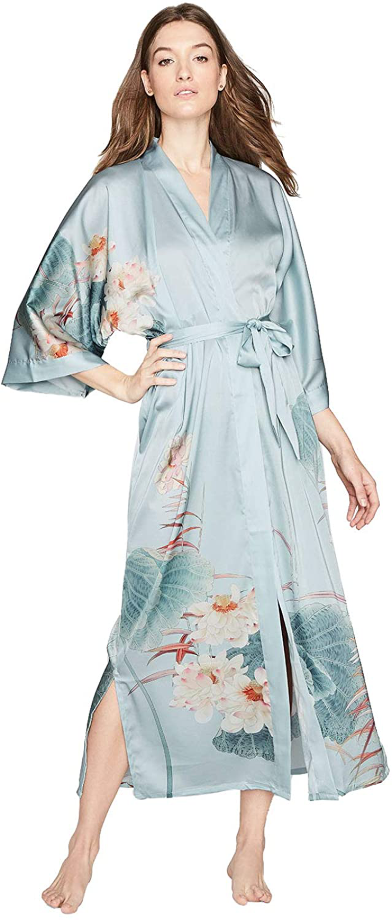 KIM+ONO Women'S Charmeuse Kimono Robe Long - Watercolor Floral Apparel & Accessories > Clothing > Sleepwear & Loungewear > Robes KIM+ONO Maren - Whisper Blue  