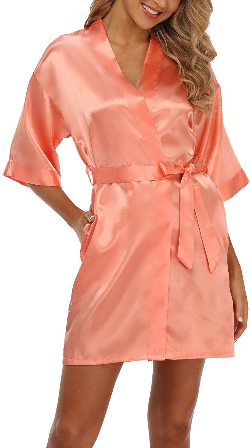 Old-Times Women'S Pure Color Silk Kimono Short Robes for Bridesmaids and Bride Apparel & Accessories > Clothing > Sleepwear & Loungewear > Robes Old-Times Oragne Small 