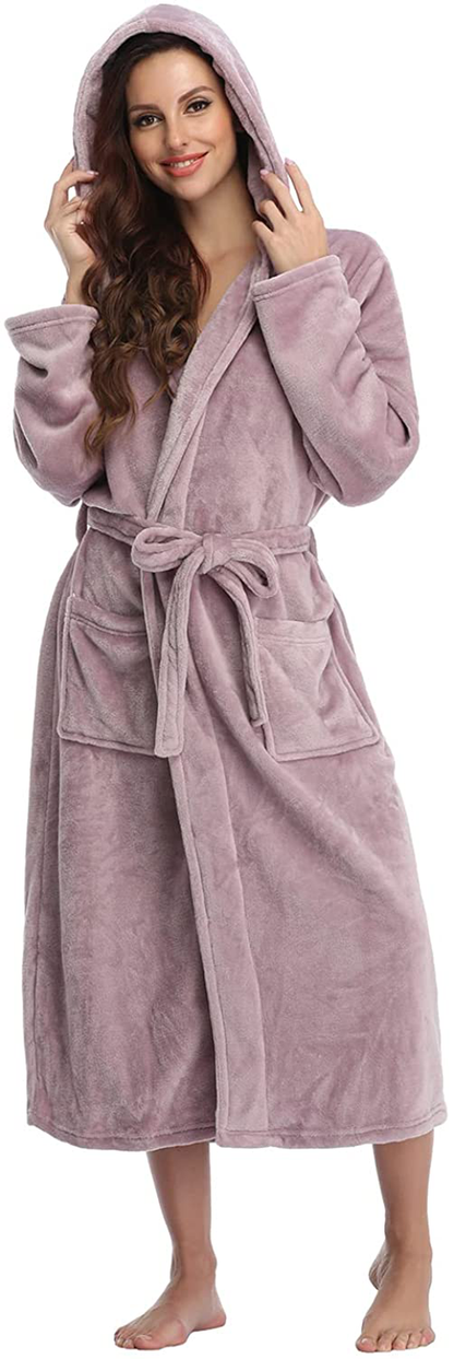 RONGTAI Womens Long Robes Plush Fleece Nightgown Thick plus Size Hooded Bathrobe with Pockets Fluffy Sleepwear for Men Apparel & Accessories > Clothing > Sleepwear & Loungewear > Robes RONGTAI Lotus Root Starch XX-Large 