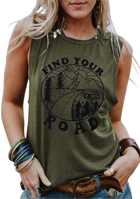 Umsuhu Find Your Road Shirts Tank Tops Women Sleeveless Summer Graphic Tank Tops Tee Shirts Apparel & Accessories > Clothing > Activewear Kylie Max   