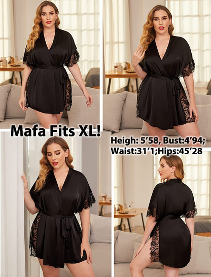 Avidlove Women Lingerie Robe Satin Sleepwear Eyelash Lace Kimono Side Split Sexy Silk Robes Apparel & Accessories > Clothing > Sleepwear & Loungewear > Robes Avidlove   