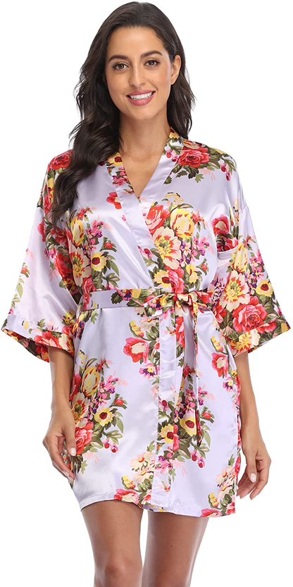 Floral Robes for Women Bride Bridesmaid Short Kimono Robe Satin Dressing Gown for Wedding Party Apparel & Accessories > Clothing > Sleepwear & Loungewear > Robes CostumeDeals   