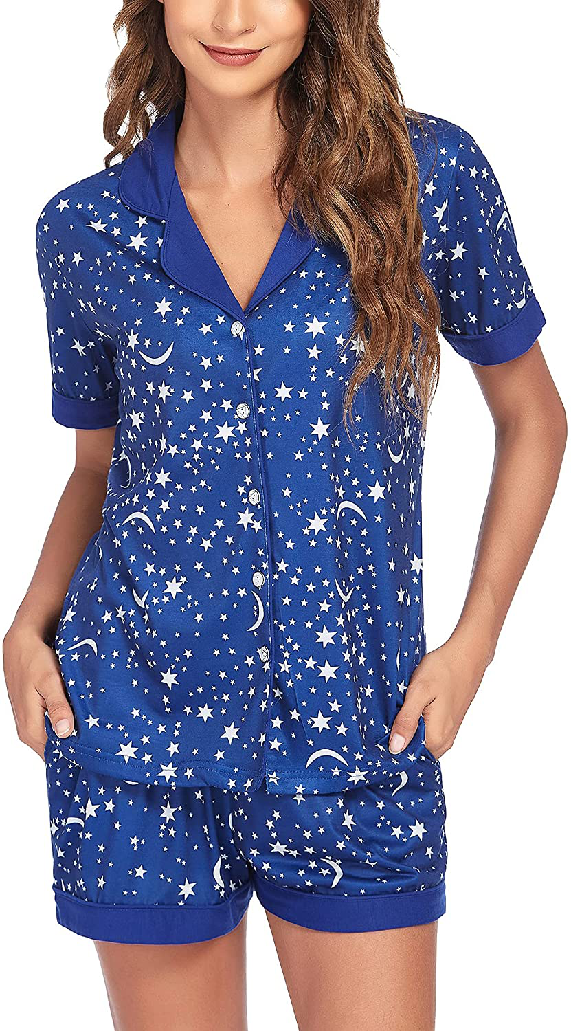 Ekouaer Pajamas Set Short Sleeve Sleepwear Womens Button Down Nightwear Soft Pj Lounge Sets XS-XXL Apparel & Accessories > Clothing > Sleepwear & Loungewear > Pajamas Ekouaer Type 2-pat2-stars Medium 