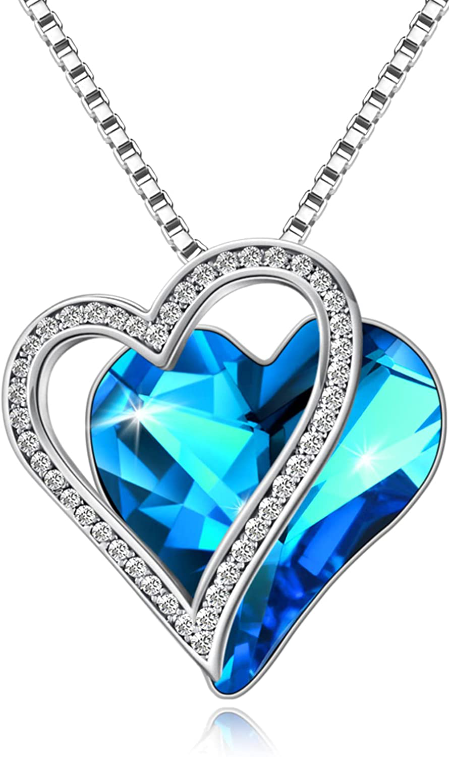 Sumonyo White Gold Plated Love Heart Pendant Necklaces for Women Silver Tone Crystals Birthstone Jewelry Gifts for Women Mother's Day Birthday Anniversary Day Party Arts & Entertainment > Party & Celebration > Gift Giving Sumonyo 16-Oct.-White Gold Plated | Bermuda Sapphire Blue  