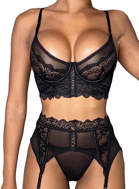 Kaei&Shi Sheer Lace Mesh, Underwire Cami, High Waisted Lace up Belt, 3 Piece Garter Set Apparel & Accessories > Clothing > Underwear & Socks > Lingerie Kaei&Shi Black 2-4 