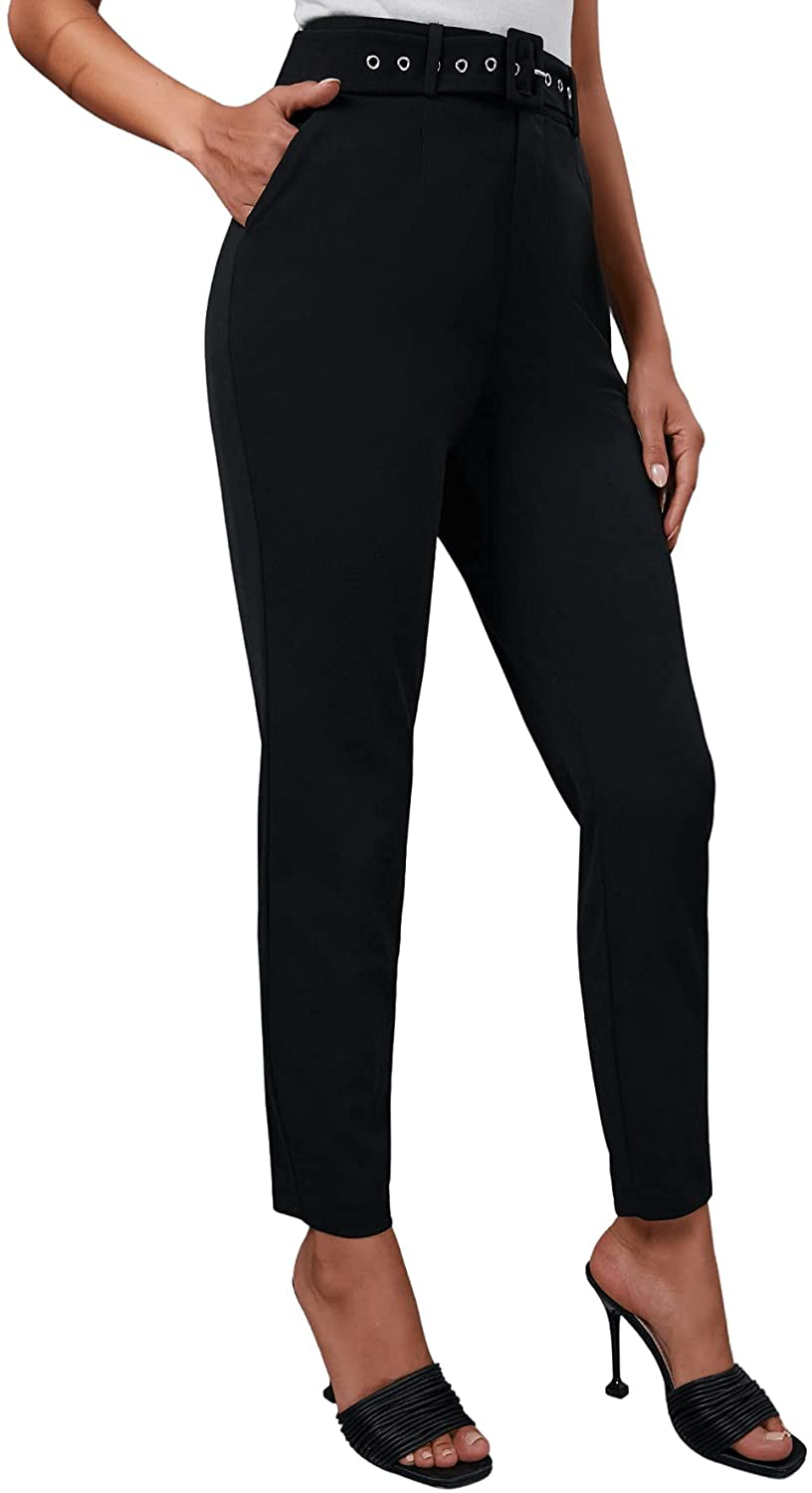 SweatyRocks Women's Casual Skinny Leggings Stretchy High Waisted Work Pants Apparel & Accessories > Clothing > Activewear SweatyRocks Belted Black X-Small 