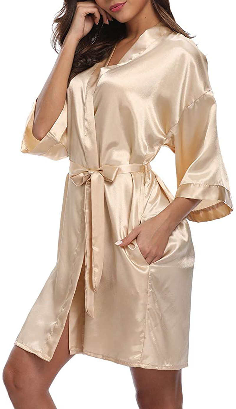 VOGMATE Women'S Floral Satin Short Robe for Bridesmaid Bride Silk Kimono Robe Dressing Gown for Wedding Party Apparel & Accessories > Clothing > Sleepwear & Loungewear > Robes VOGMATE Pure Color-champagne Gold X-Large 