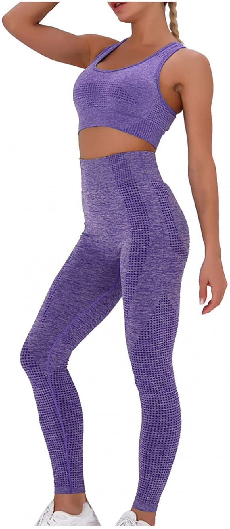 Burband Womens Ribbed Seamless Yoga Outfits 2 Piece Tracksuits Sports Bra Seamless Leggings Yoga Gym Workout Set Activewear Apparel & Accessories > Clothing > Underwear & Socks > Shapewear Burband Purple Large 