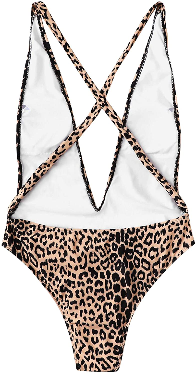 Sweatyrocks Women'S Sexy Bathing Suits Criss Cross Tie Knot Front Deep V Open Back Leopard One Piece Swimwear Apparel & Accessories > Clothing > Swimwear Kylie Max   