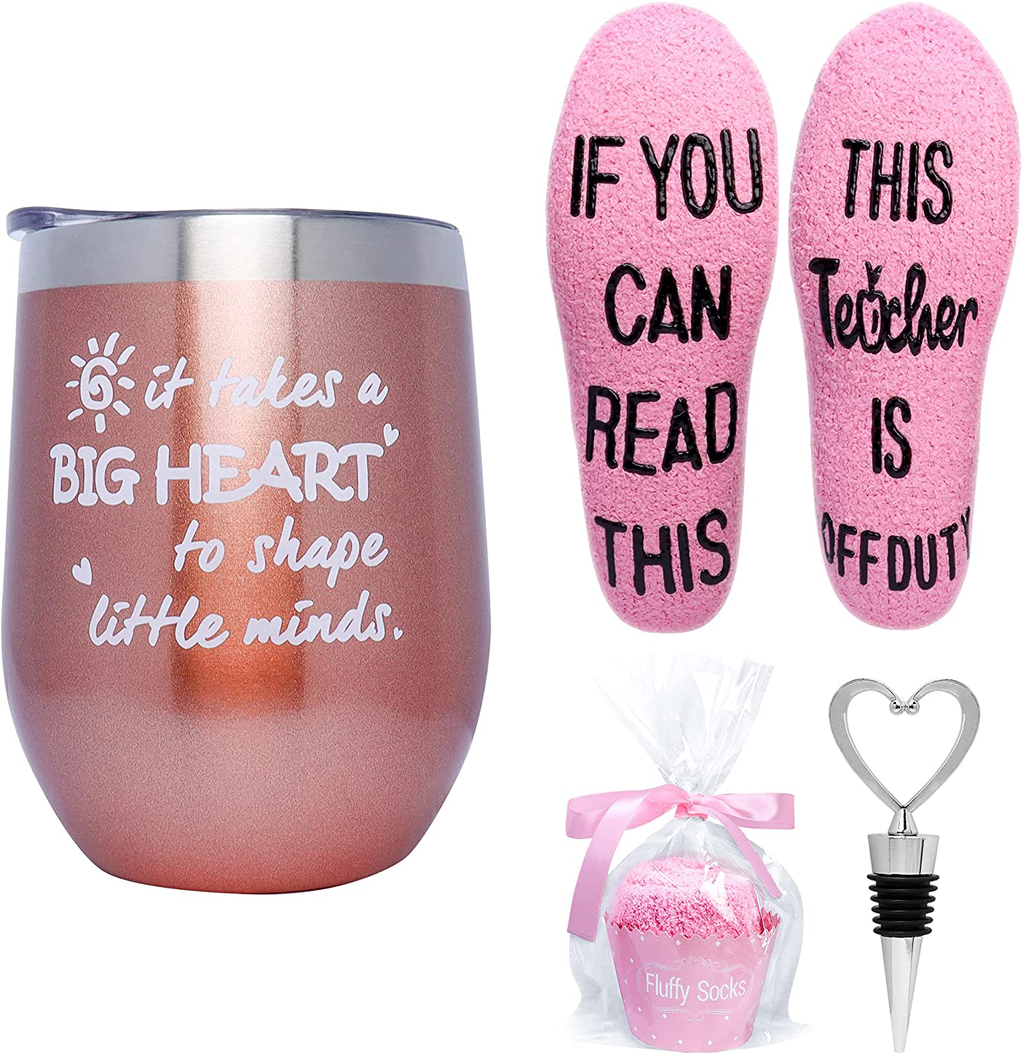 Valporia Retirement Gifts for Women 2021 Insulated Wine Tumbler with Sayings + If You Can Read This Socks + Wine Stopper for Women Birthday Gifts for Women Rose Gold Stainless Steel Xmas Gifts Arts & Entertainment > Party & Celebration > Gift Giving Valporia Rose gold set-teacher  