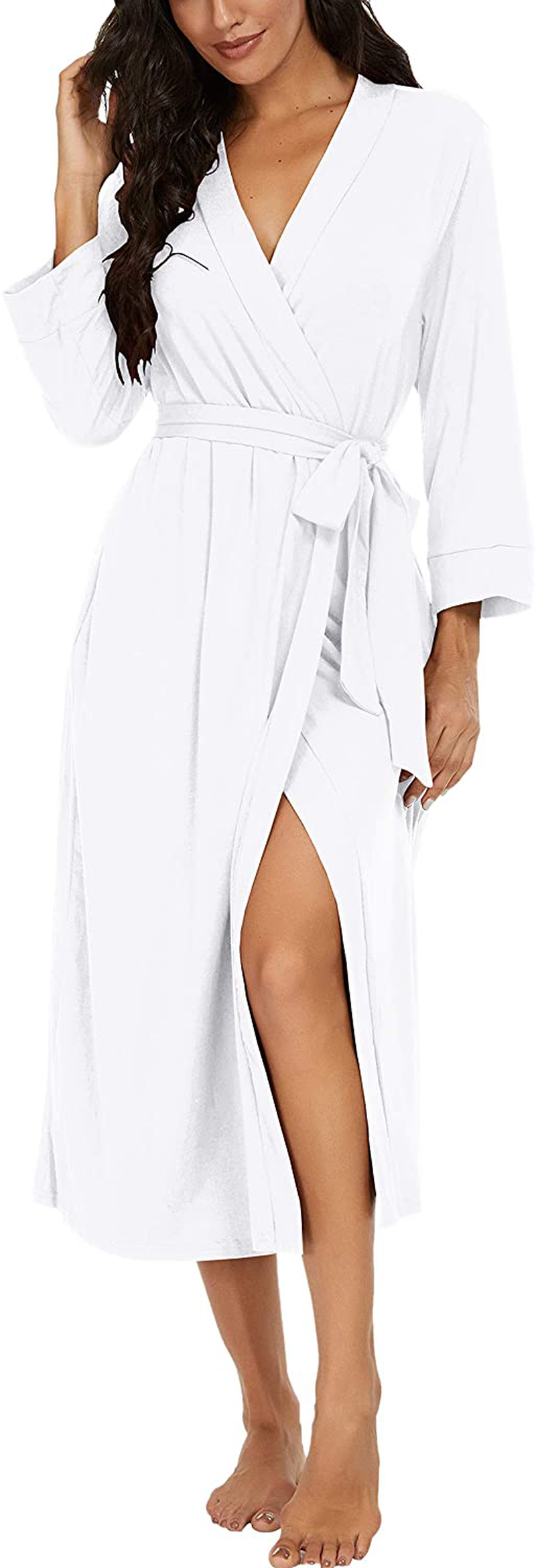 VINTATRE Women Kimono Robes Long Knit Bathrobe Lightweight Soft Knit Sleepwear V-Neck Casual Ladies Loungewear Apparel & Accessories > Clothing > Sleepwear & Loungewear > Robes VINTATRE C04 White Large 