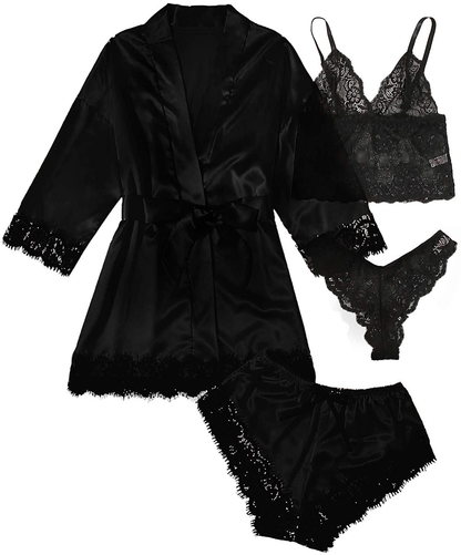 WDIRARA Women'S 4 Pieces Satin Floral Lace Cami Top Lingerie Pajama Set with Robe Apparel & Accessories > Clothing > Underwear & Socks > Lingerie WDIRARA Pure Black Large 