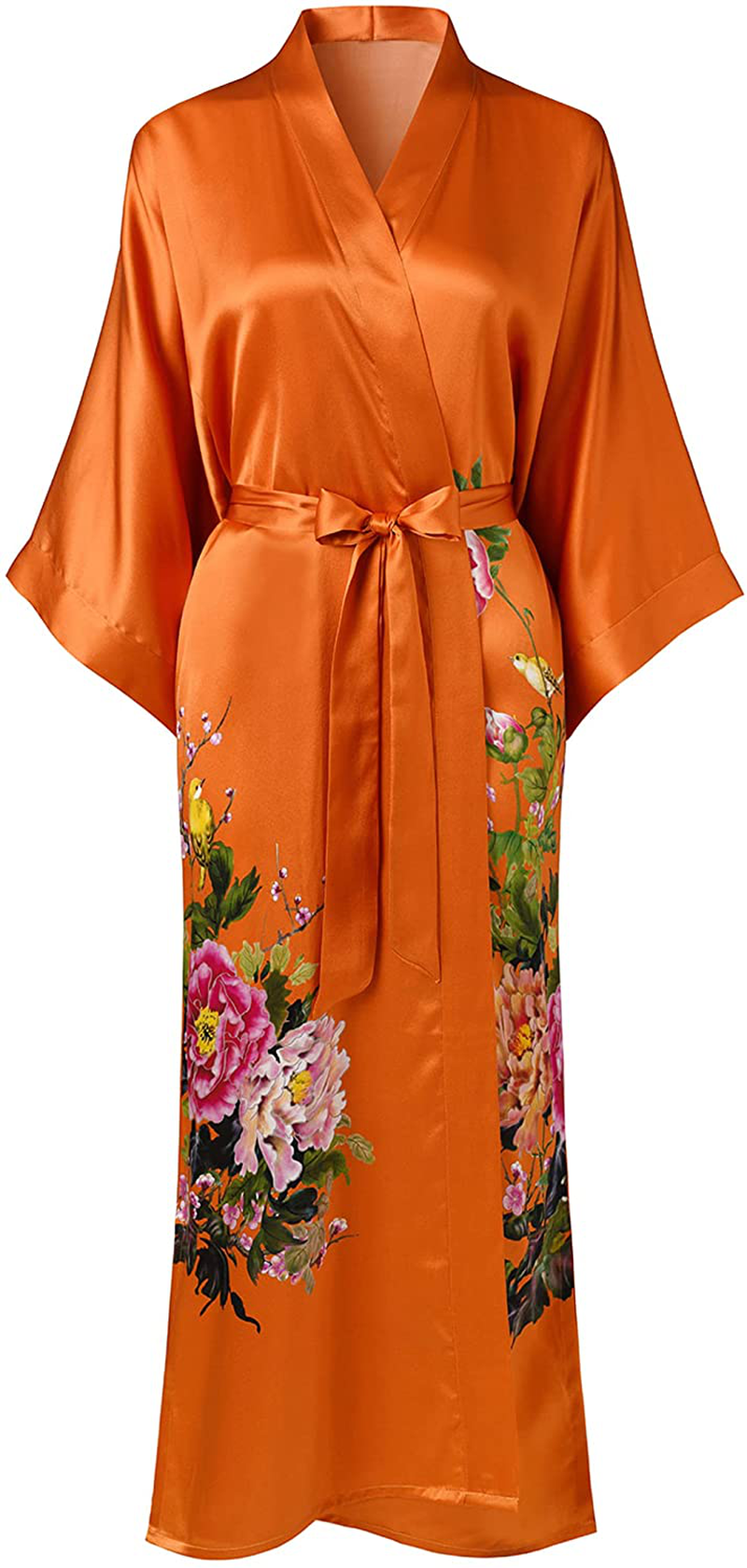 Ledamon Women'S 100% Silk Kimono Long Robe - Classic Colors and Prints Apparel & Accessories > Clothing > Sleepwear & Loungewear > Robes Ledamon Dark Orange-a  