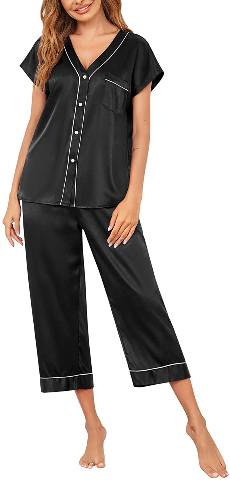 Ekouaer Women Silk Satin Pajamas Button down Lounge Sets Short Sleeve Sleepwear Apparel & Accessories > Clothing > Sleepwear & Loungewear > Pajamas Kylie Max   