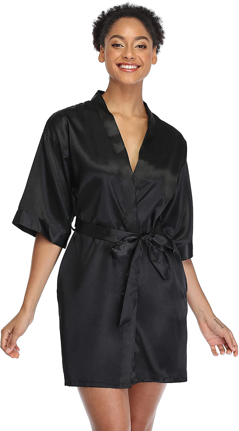 SUGAR JAN Women'S Short Satin Kimono Robes for Bride and Bridesmaids Silky Pure Color Bathrobe with Pockets Apparel & Accessories > Clothing > Sleepwear & Loungewear > Robes SUGAR JAN Black Small-Medium 