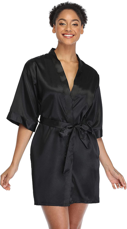 SUGAR JAN Women'S Short Satin Kimono Robes for Bride and Bridesmaids Silky Pure Color Bathrobe with Pockets Apparel & Accessories > Clothing > Sleepwear & Loungewear > Robes SUGAR JAN Black Small-Medium 