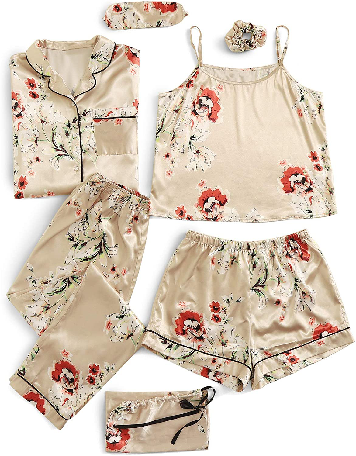 SheIn Women's 7pcs Pajama Set Cami Pjs with Shirt and Eye Mask Apparel & Accessories > Clothing > Sleepwear & Loungewear > Pajamas SheIn Apricot Floral X-Large 