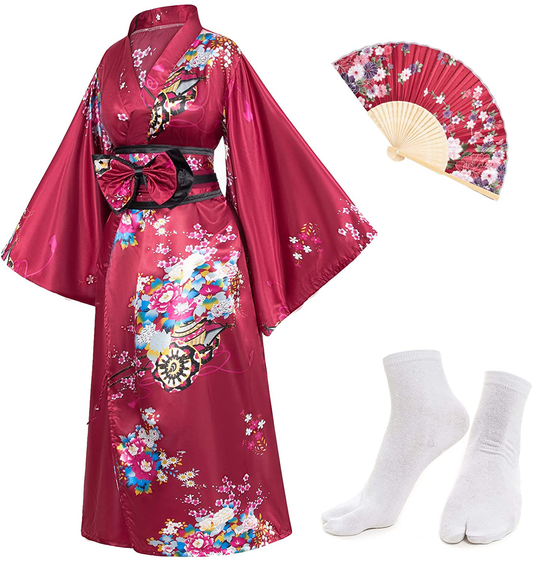 Japanese Anime Women'S Kimono Robe Geisha Yukata Sweet Dress Blossom Satin Bathrobe Sleepwear Fans Tabi Socks Set Apparel & Accessories > Clothing > Sleepwear & Loungewear > Robes Elibelle Wine Red Plus size(Tag 5XL) 