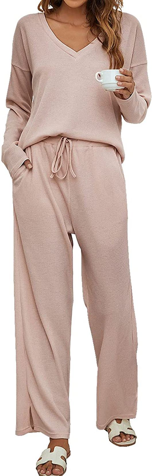 Blooming Jelly Womens Waffle Lounge Set Long Sleeve Shirt with Pockets Palazzo Pants Two Piece Outfits Apparel & Accessories > Clothing > Sleepwear & Loungewear > Pajamas Blooming Jelly Pink X-Large 