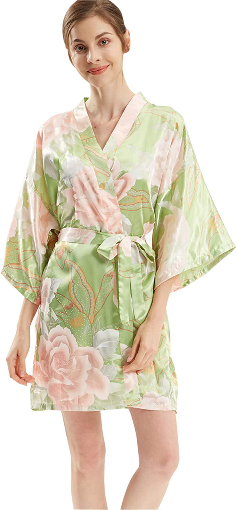 QXQTER Floral Satin Bridal Robe Silk Bridesmaid Robes Bridal Party Robe Dressing Gown Wedding Gifts Apparel & Accessories > Clothing > Sleepwear & Loungewear > Robes QXQTER Green  