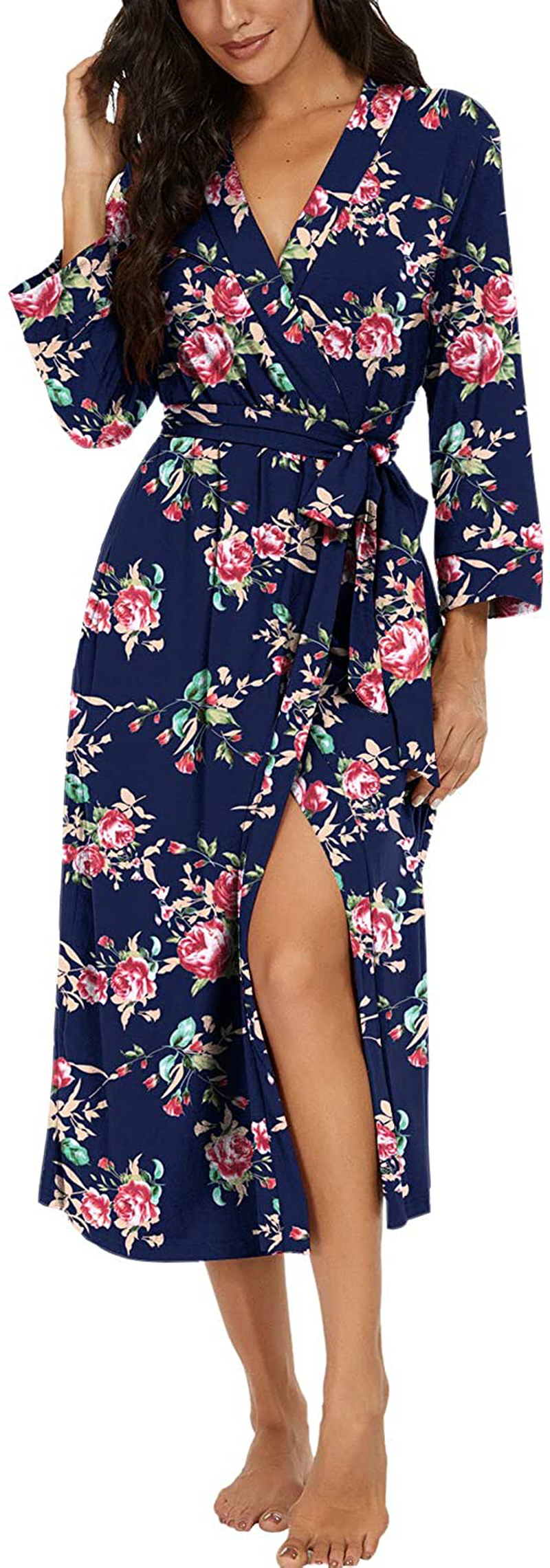 VINTATRE Women Kimono Robes Long Knit Bathrobe Lightweight Soft Knit Sleepwear V-Neck Casual Ladies Loungewear Apparel & Accessories > Clothing > Sleepwear & Loungewear > Robes VINTATRE C01 Fp-rose Navy Large 
