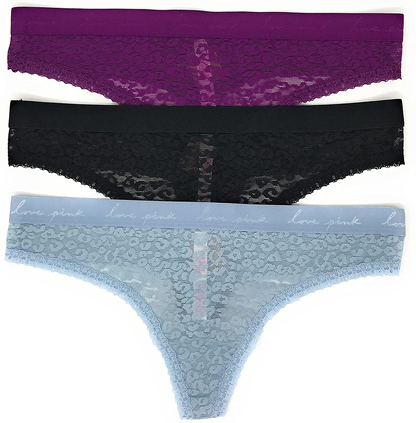 Victoria's Secret PINK Thong Panty Set of 3 Apparel & Accessories > Clothing > Underwear & Socks > Underwear Victoria's Secret Lace Violet Logos / Black / Lt Teal Logos Medium 