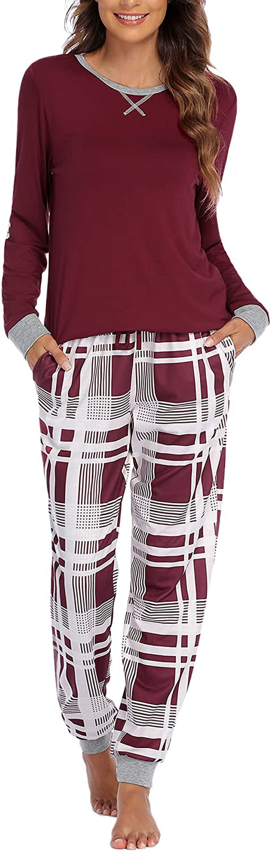 Ekouaer Women's Pajamas Sets Long Sleeve with Plaid Pants Soft Sleepwear O Neck 2 Piece Pjs Joggers Loung Set with Pockets Apparel & Accessories > Clothing > Sleepwear & Loungewear > Pajamas Ekouaer Part3 XX-Large 