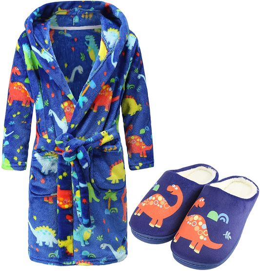 Kids Fleece Hooded Bathrobe Matching Slippers Toddler Soft Plush Hooded Robe Flannel Pajamas Sleepwear with Slippers for Boys Apparel & Accessories > Clothing > Sleepwear & Loungewear > Robes Kylie Max   
