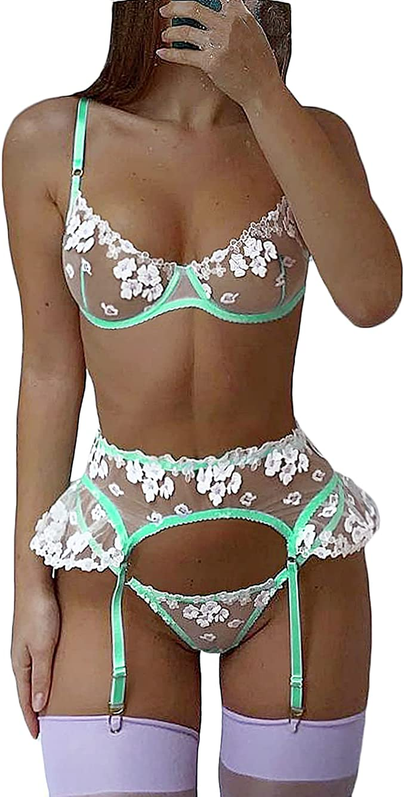 Kaei&Shi Garter Lingerie for Women,Underwire Embroidered Sexy Lingerie,Ruffle 3 Piece Lingerie Set Apparel & Accessories > Clothing > Underwear & Socks > Lingerie Kaei&Shi Green 14 
