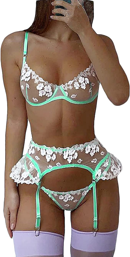 Kaei&Shi Garter Lingerie for Women,Underwire Embroidered Sexy Lingerie,Ruffle 3 Piece Lingerie Set Apparel & Accessories > Clothing > Underwear & Socks > Lingerie Kaei&Shi Green 14 