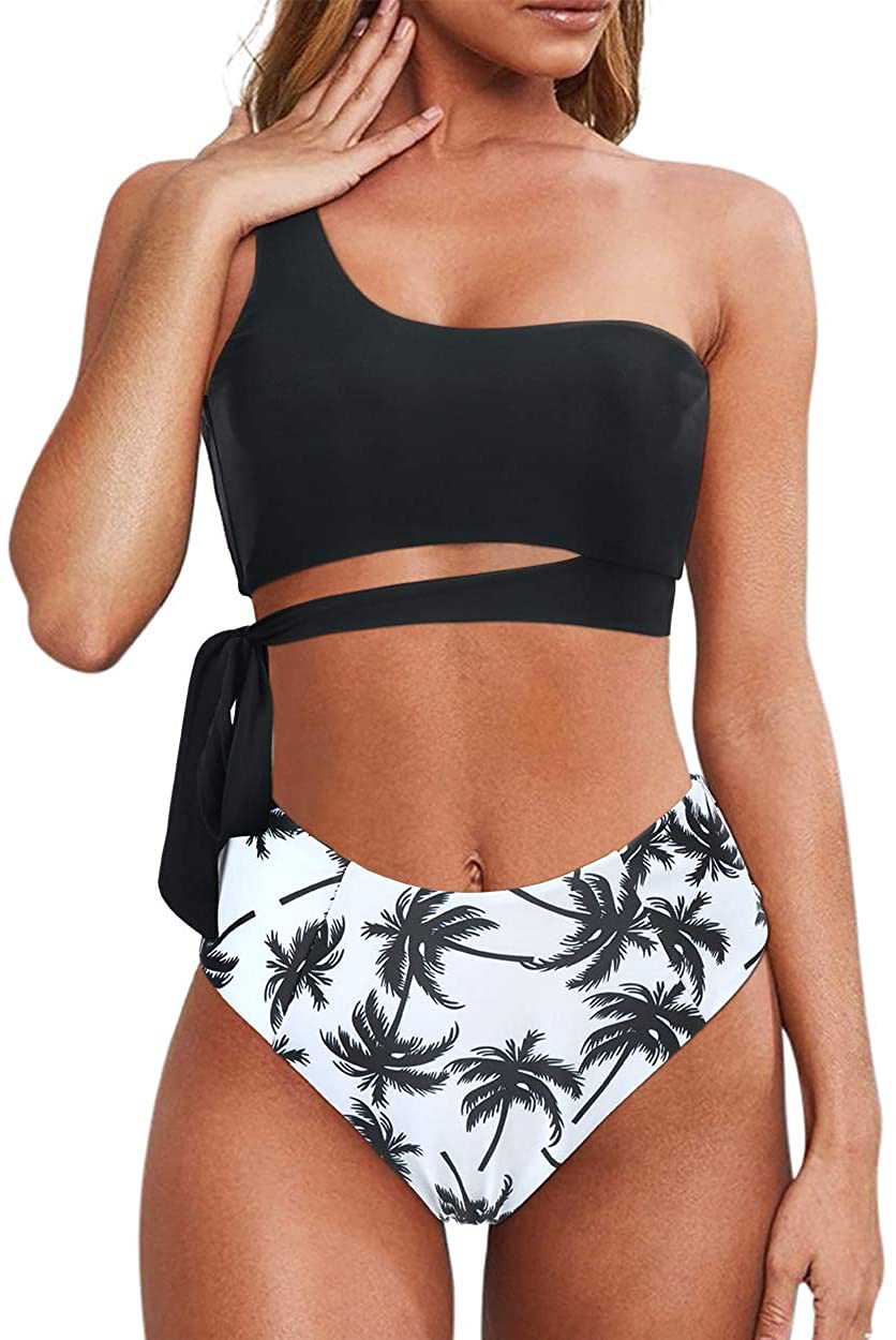 MOOSLOVER Women One Shoulder High Waisted Bikini Tie High Cut Two Piece Swimsuits Apparel & Accessories > Clothing > Swimwear MOOSLOVER Coconut Tree Medium 