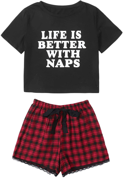 DIDK Women's Cute Cartoon Print Tee and Shorts Pajama Set Apparel & Accessories > Clothing > Sleepwear & Loungewear > Pajamas DIDK Multicolor Aa Large 