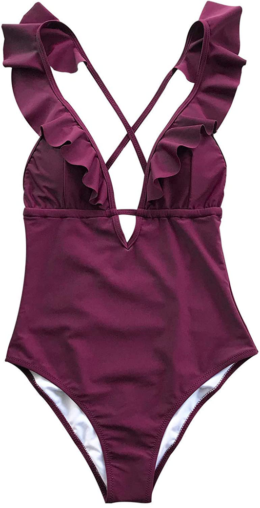 CUPSHE Women'S One Piece Swimsuit Ruffle Deep V Neck Strappy Swimwear Bathing Suits Apparel & Accessories > Clothing > Swimwear Kylie Max   