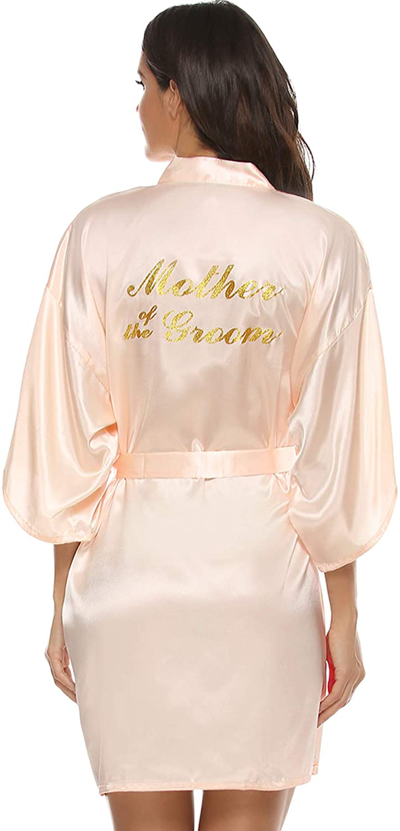 Vlazom Women'S Satin Robe Short Kimono for Bride & Bridesmaid Wedding Party Robes with Gold Glitter or Rhinestones Apparel & Accessories > Clothing > Sleepwear & Loungewear > Robes KYLIE MAX Champagne（mother of the Groom） Large 