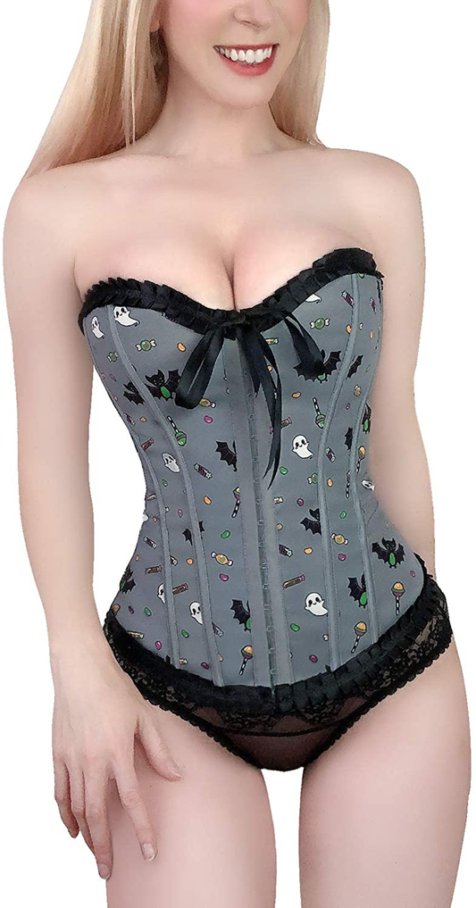 Littleforbig Women'S Lace up Boned Overbust Corset Bustier Bodyshaper Top - Sugar Bat Pattern Apparel & Accessories > Clothing > Underwear & Socks > Lingerie Littleforbig Grey X-Small 