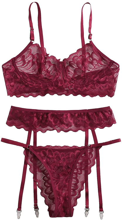 Shein Women'S 3 Piece Floral Lace Lingerie Set with Garter Belts Sexy Bra and Panty Apparel & Accessories > Clothing > Underwear & Socks > Lingerie SheIn Burgundy Scalloped Medium 