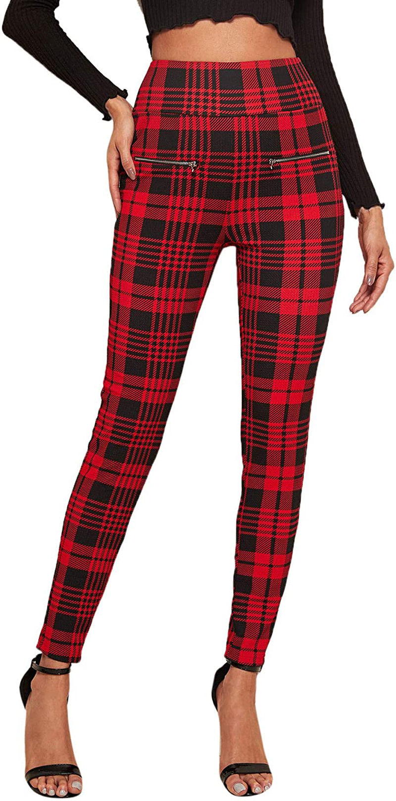 SweatyRocks Women's Casual Skinny Leggings Stretchy High Waisted Work Pants Apparel & Accessories > Clothing > Activewear SweatyRocks Wide Waistband Red Plaid X-Small 